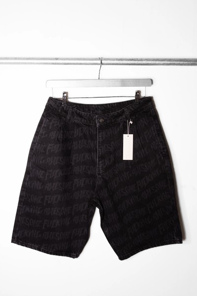 Pleated Denim Laser Stamp Shorts black